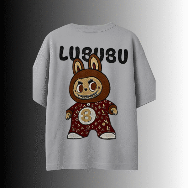 Light gray LUBUBU embroidered rabbit 230 GSM cotton t-shirt – premium streetwear Pakistan