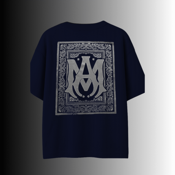 Navy blue t-shirt with silver bandana back print – interlocked AM design – 230 GSM streetwear