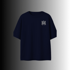 Navy blue MM monogram t-shirt – gothic metallic silver chest print – 230 GSM streetwear Pakistan