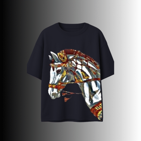 Navy blue ornate horse head design 230 GSM cotton t-shirt – luxury streetwear Pakistan