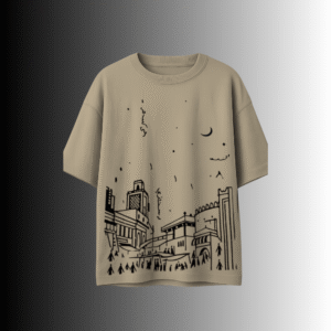 Oversized beige 180 GSM cotton T-shirt with aesthetic building and stars design – Pakistan streetwea