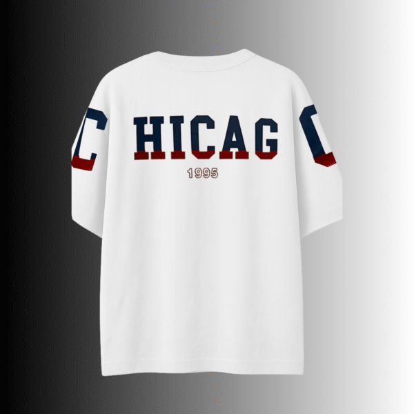 White 230 GSM Chicago 1995 t-shirt – back view with large collegiate lettering and sleeve graphics