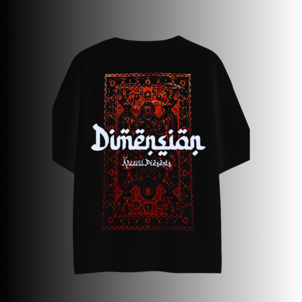 Back view of Zeyvara Dimension Oversized T-Shirt featuring red oriental rug print and bold white Dimension typography